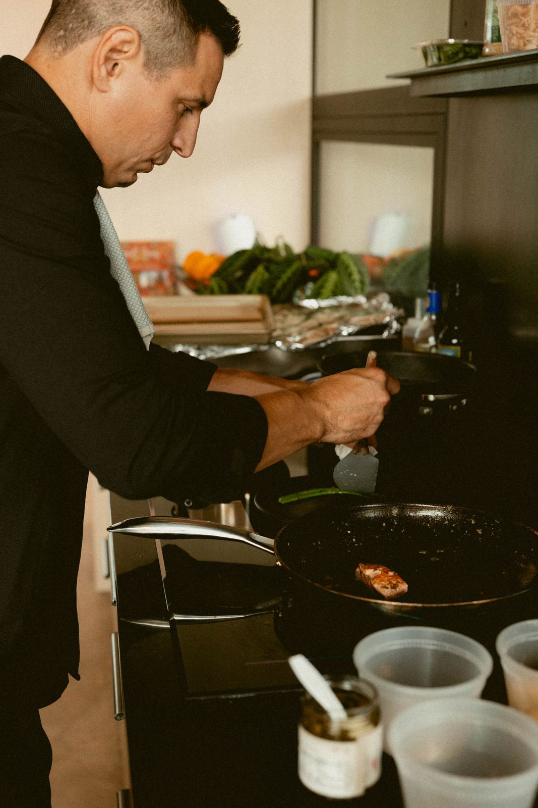 Searing salmon in the kitchen